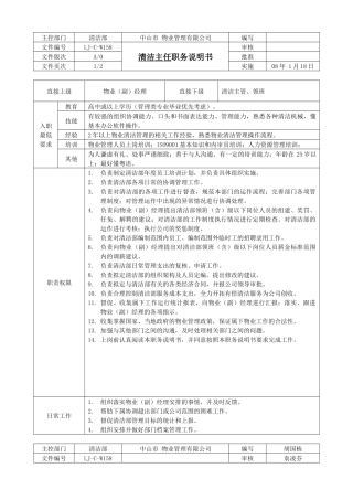 人力资源-LJ-C-W158清洁主任职务说明书（A0版080130）