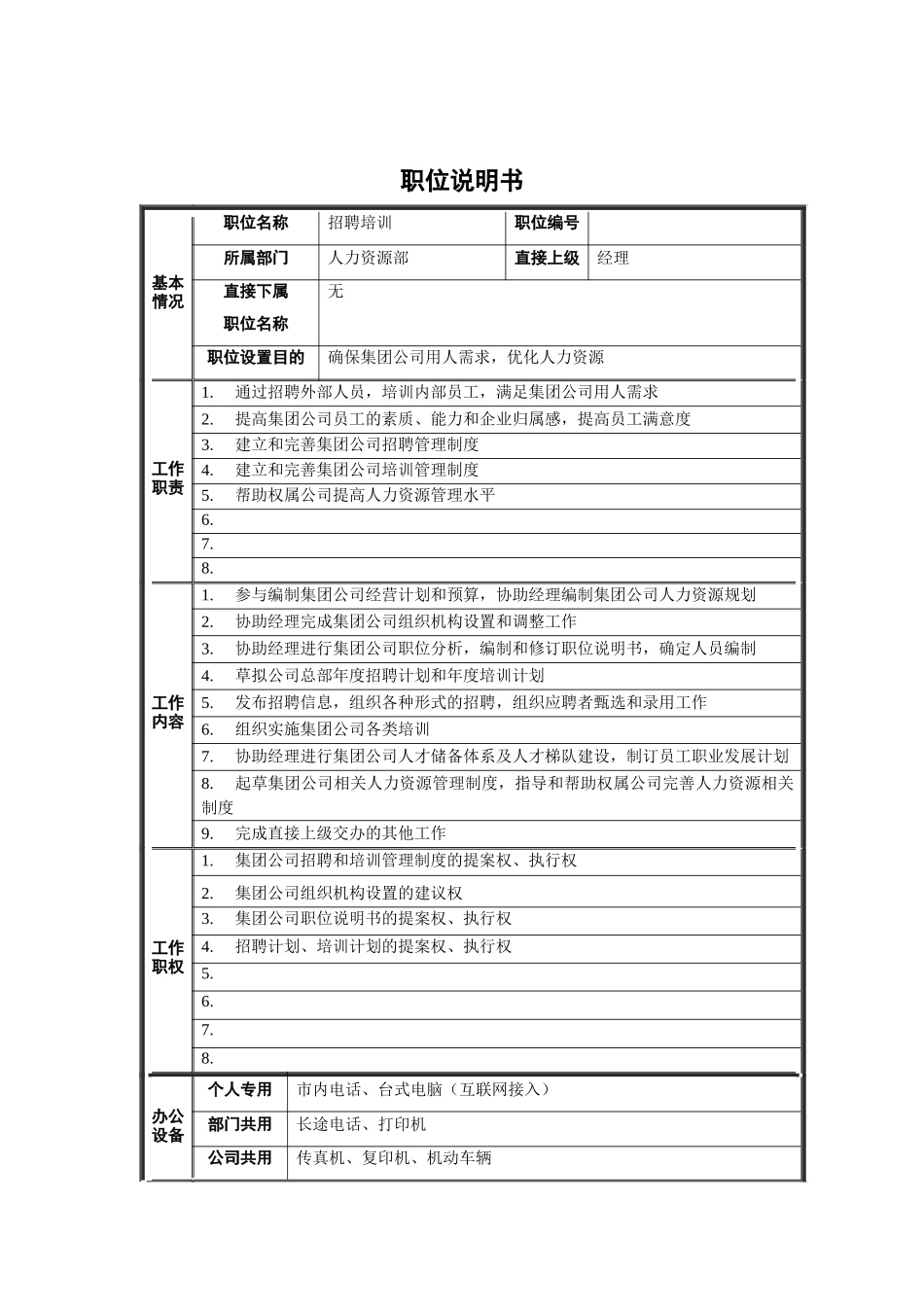 人力资源部-招聘培训职位说明书_第1页