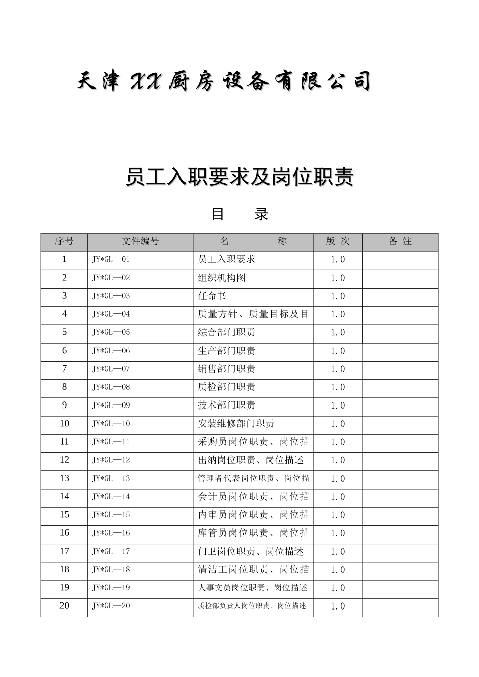天津XX厨房设备有限公司员工入职要求及岗位职责_第1页