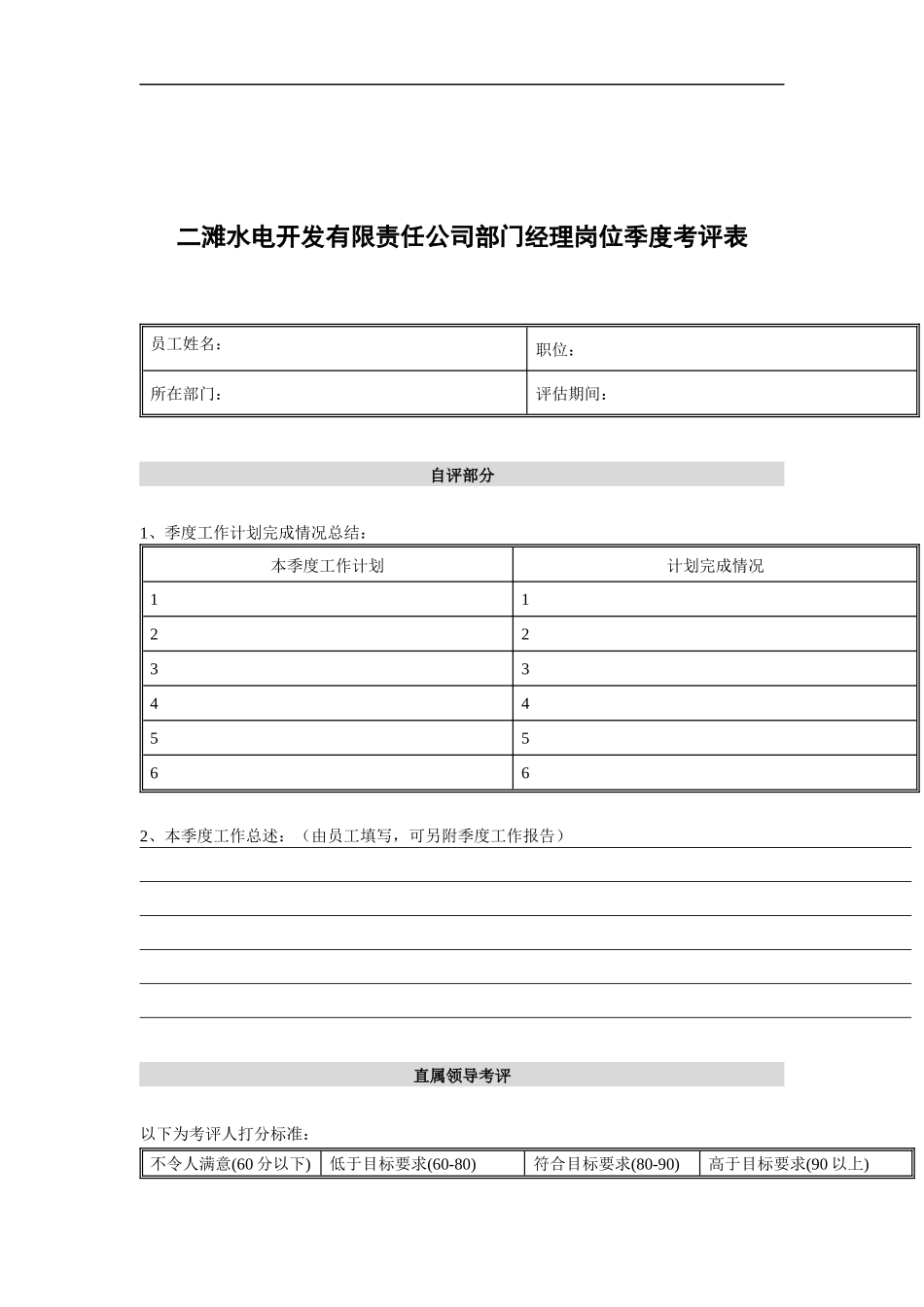 水电开发有限责任公司部门经理岗位季度考评表_第1页