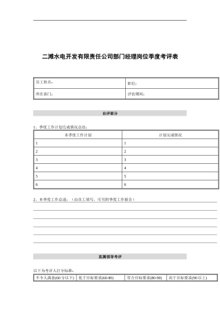 水电开发有限责任公司部门经理岗位季度考评表