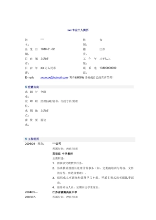 中学英语教师简历模板 2