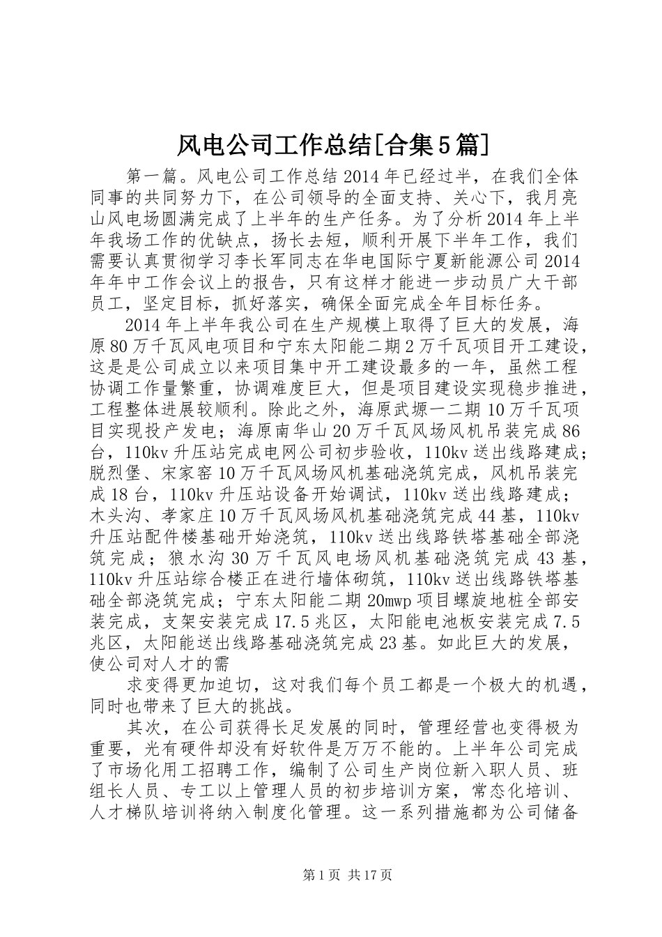 风电公司工作总结[合集5篇]_第1页