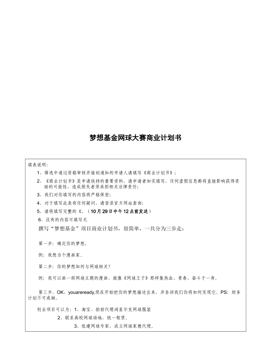 梦想基金网球大赛的商业计划书_第1页