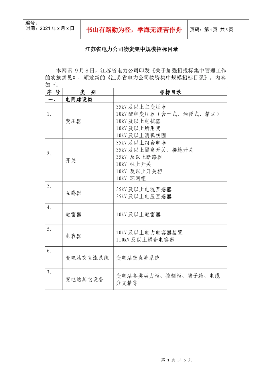 江苏省电力公司物资集中规模招标目录_第1页