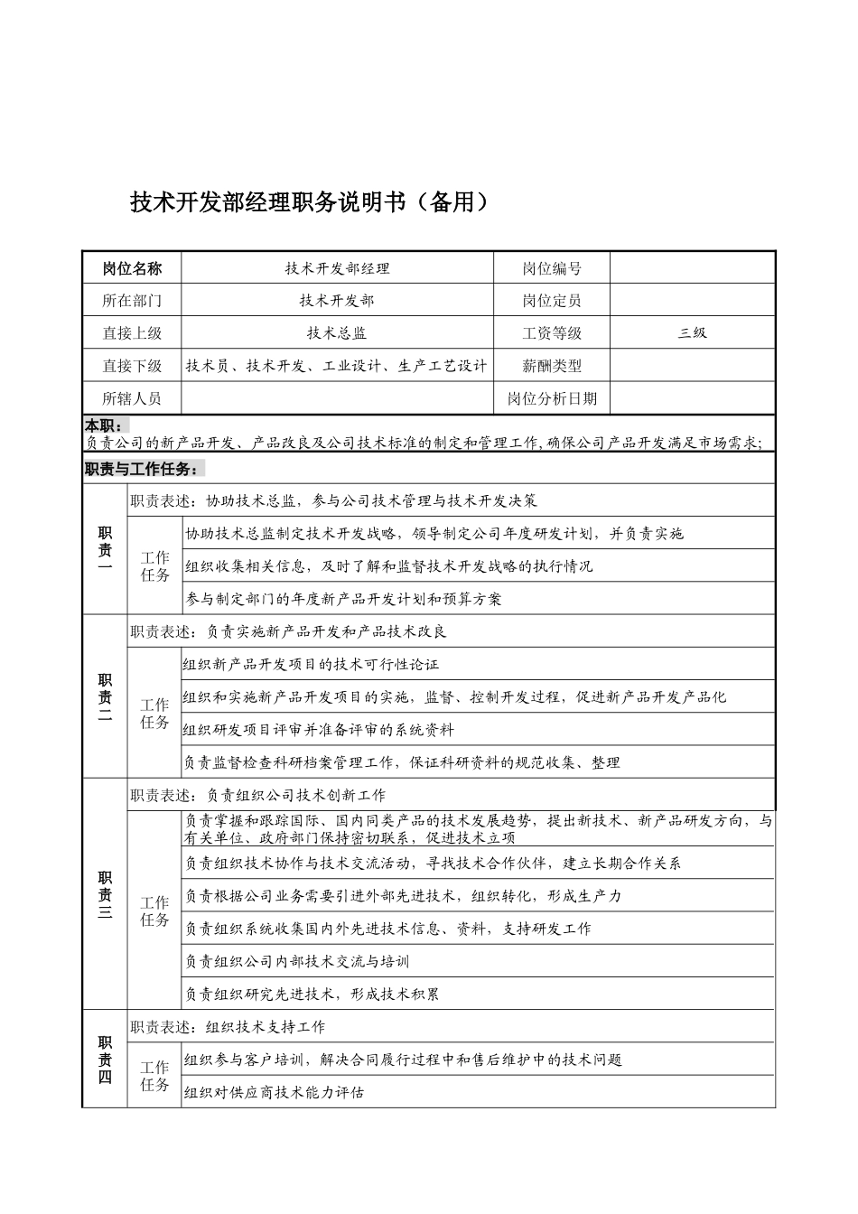 宁波华能贸易公司技术开发部经理职务说明书_第1页