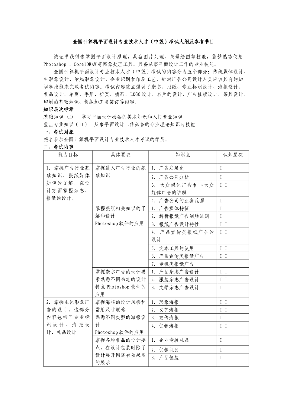 全国计算机平面设计专业技术人才(中级)考试大纲及参考..._第1页