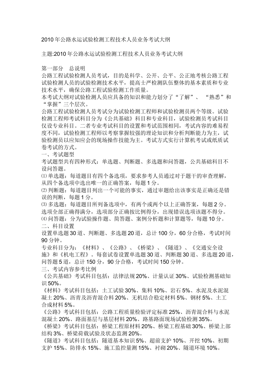 人力资源-XXXX公路水运试验检测人员考试大纲_第1页