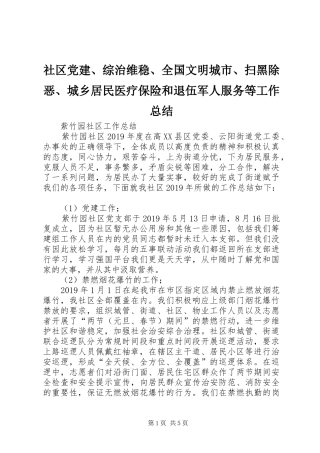 社区党建、综治维稳、全国文明城市、扫黑除恶、城乡居民医疗保险和退伍军人服务等工作总结