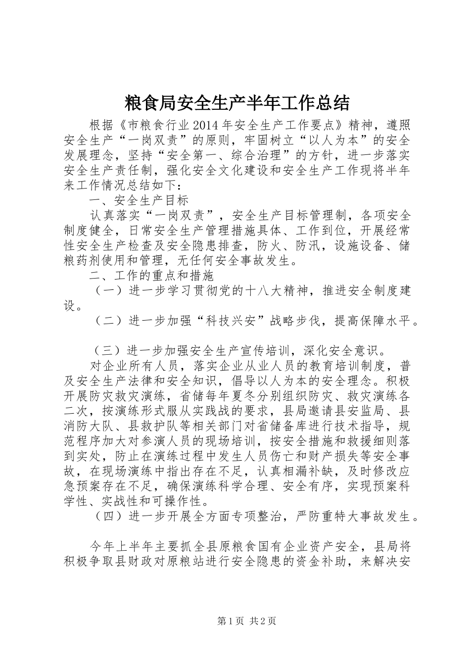 粮食局安全生产半年工作总结_第1页