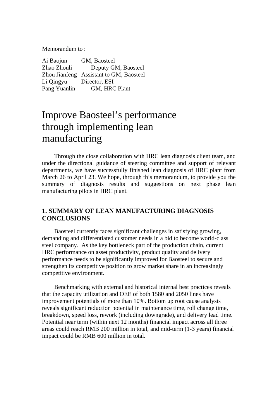 人力资源-Improve Baosteel’s performance through implementing lean manufacturing_第1页