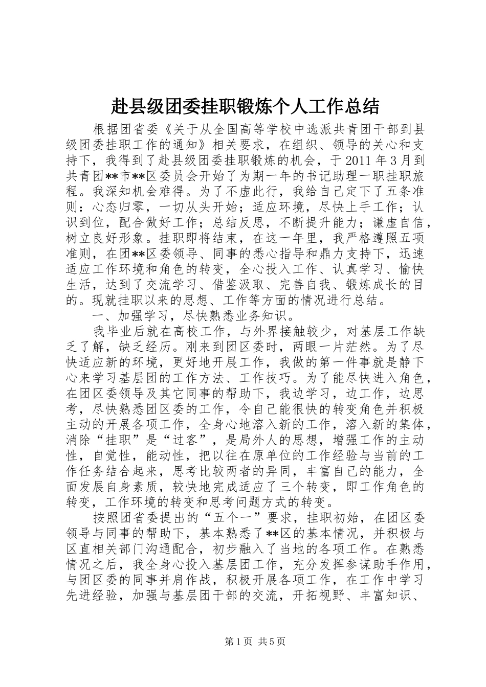 赴县级团委挂职锻炼个人工作总结_第1页