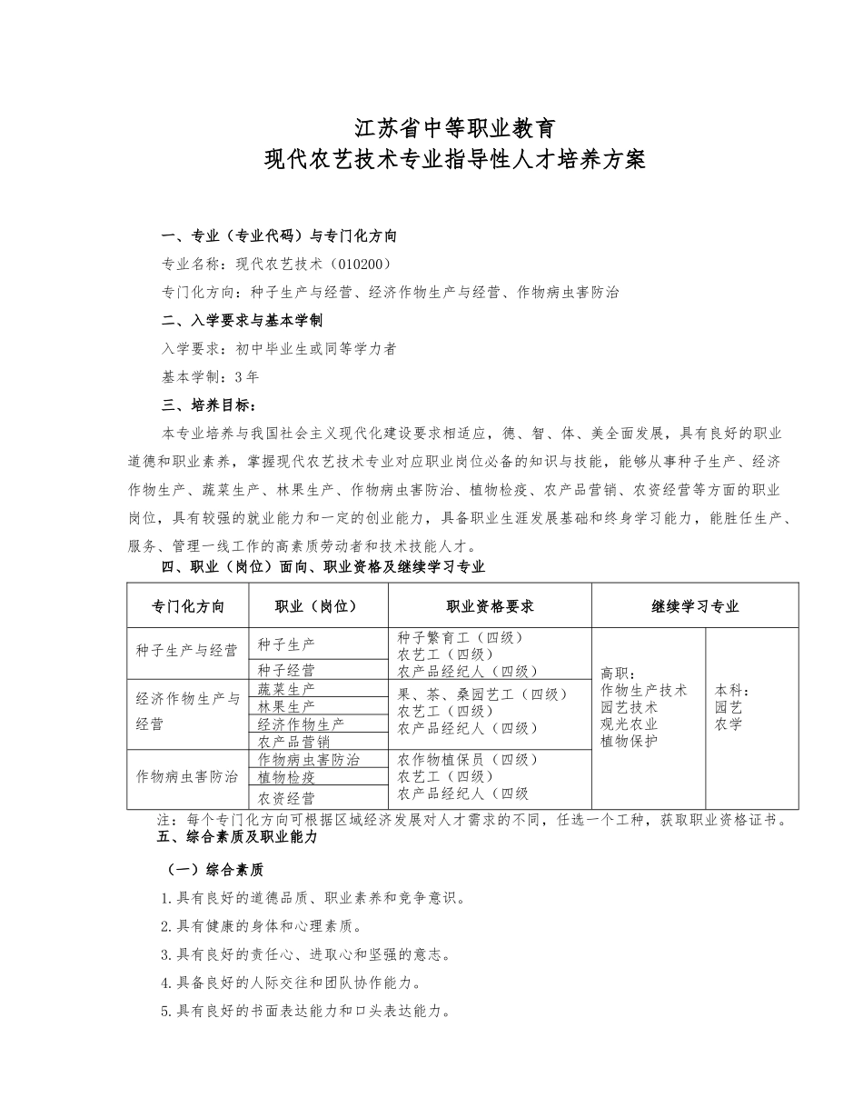 人力资源-1中等职业教育现代农艺技术专业指导性人才培养方案_第1页