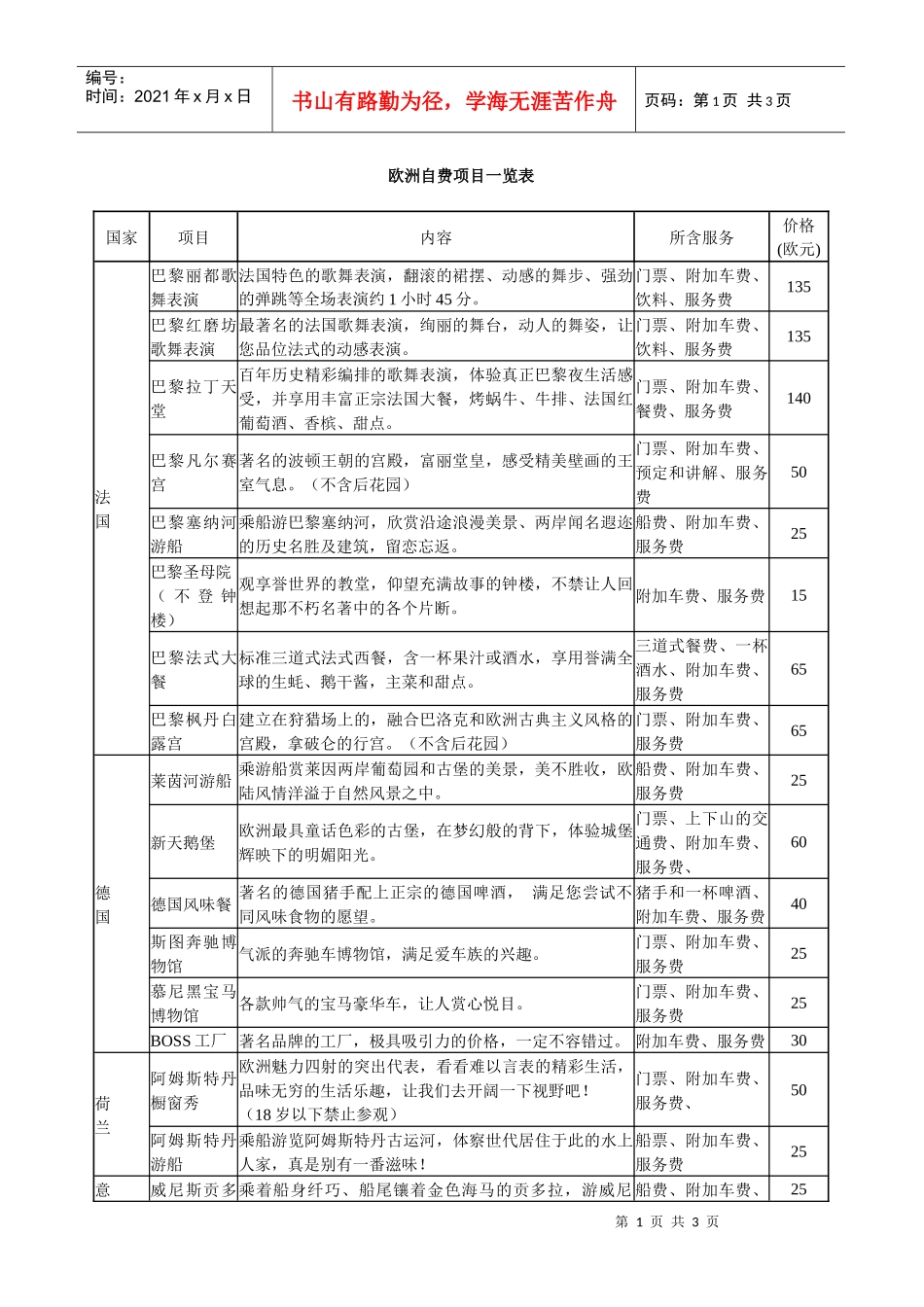欧洲自费项目一览表_第1页