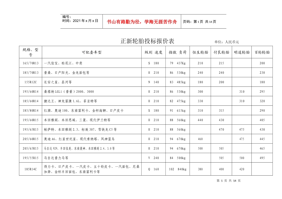 正新轮胎投标报价表_第1页