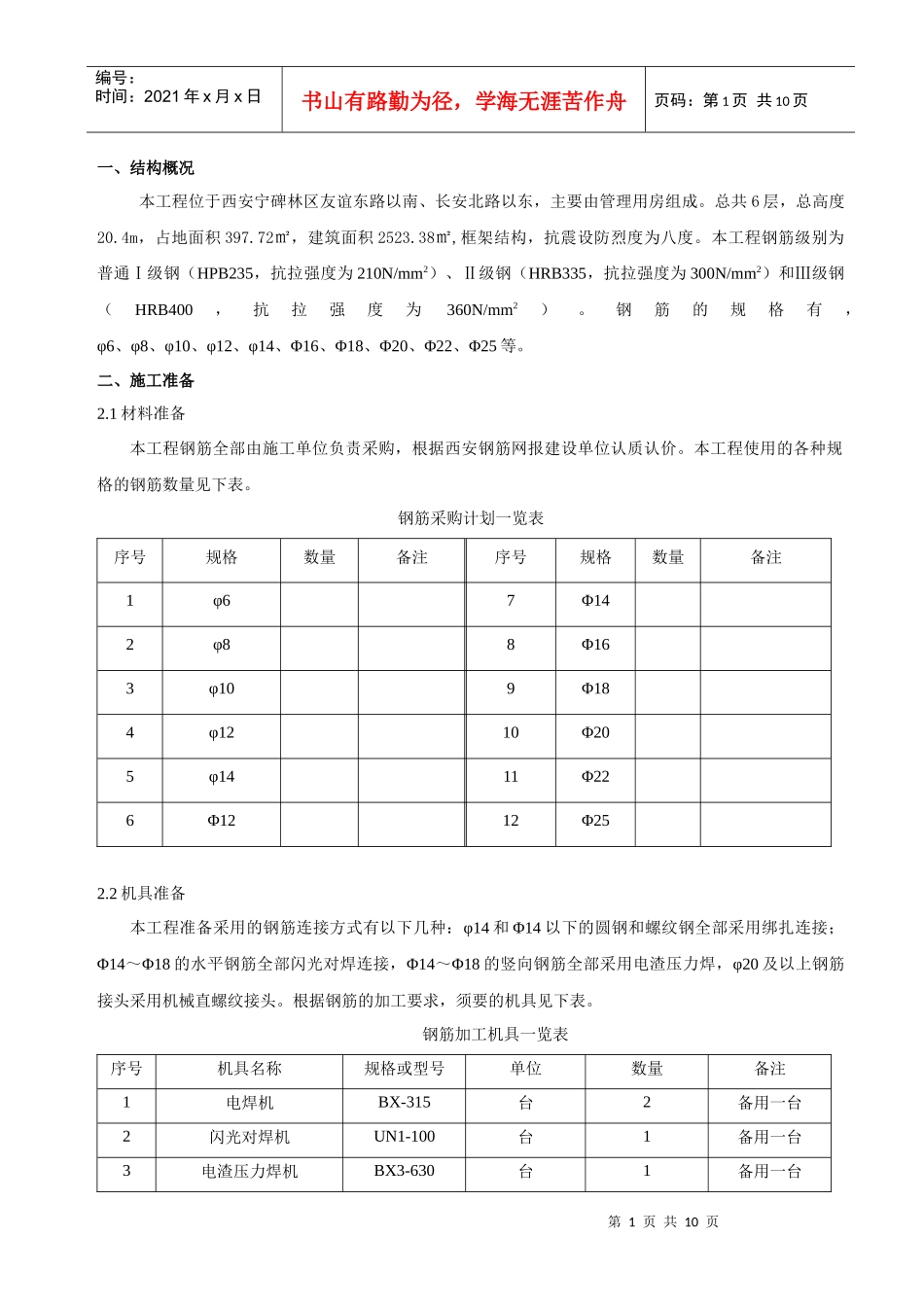 永宁国际管理用房钢筋工程施工方案_第1页