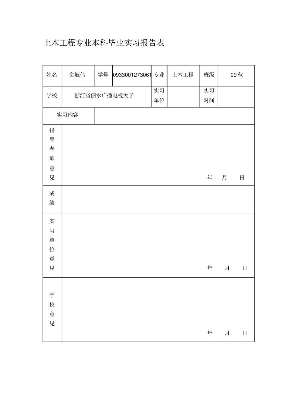 土木工程专业本科毕业实习报告表_第1页