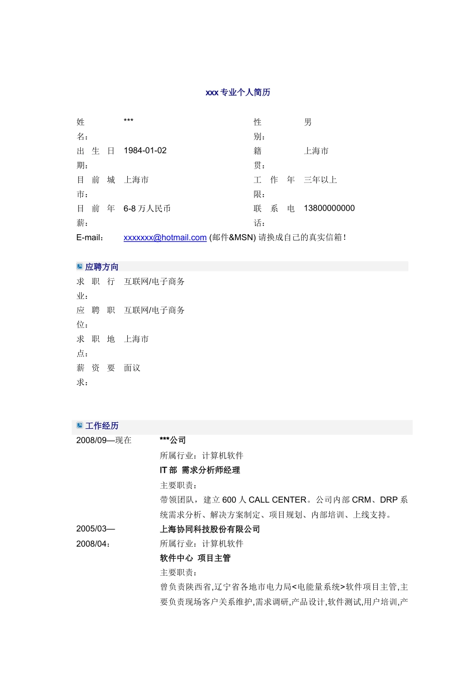 人力资源-IT需求分析师经理简历模板_第1页