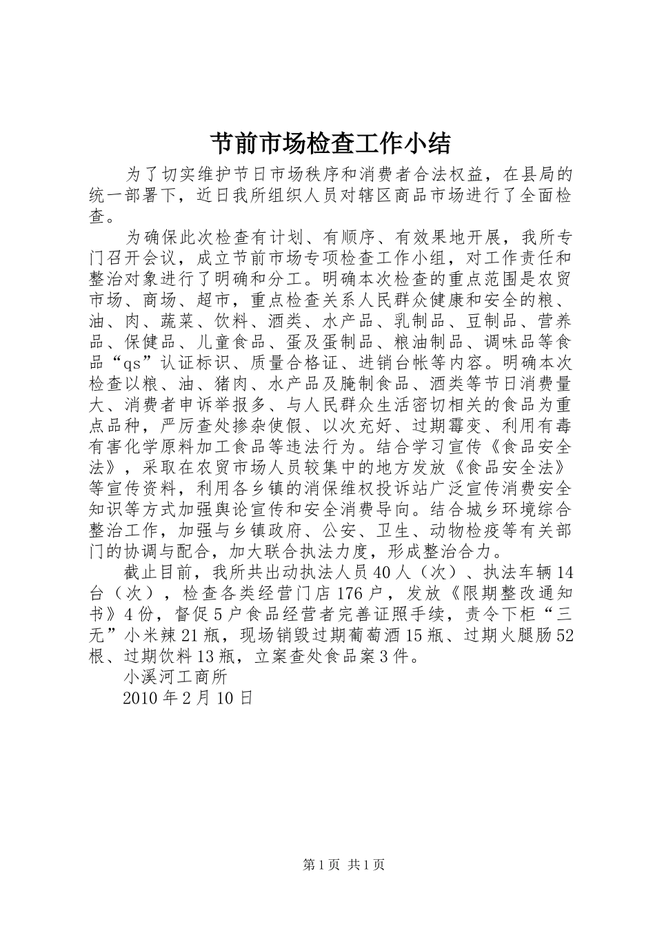 节前市场检查工作小结_第1页