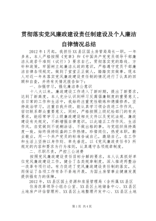 贯彻落实党风廉政建设责任制建设及个人廉洁自律情况总结