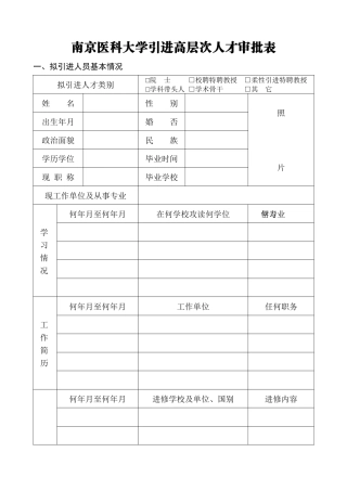 南京医科大学引进高层次人才审批表