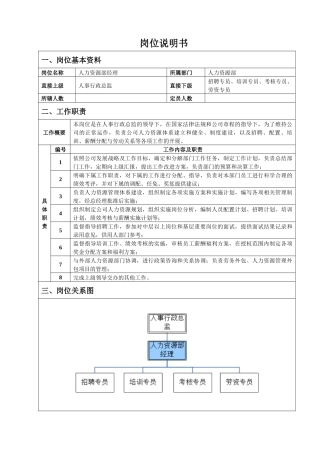 人力资源部经理岗位说明书