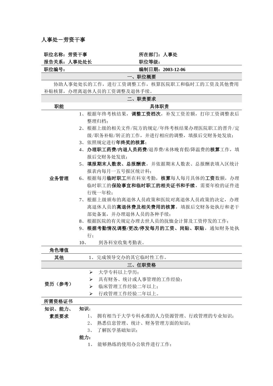 医院岗位职位说明书_第2页