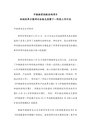 中铁物资战略咨询项目体制改革方案研讨会备忘录暨下一阶段工作计划