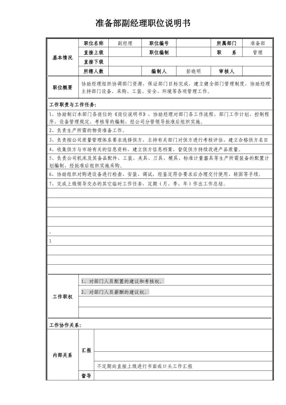 准备部副经理职位说明书_第1页