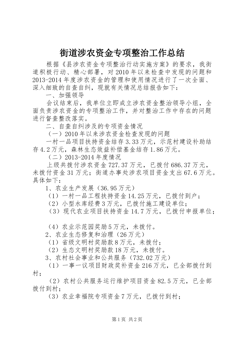 街道涉农资金专项整治工作总结_第1页