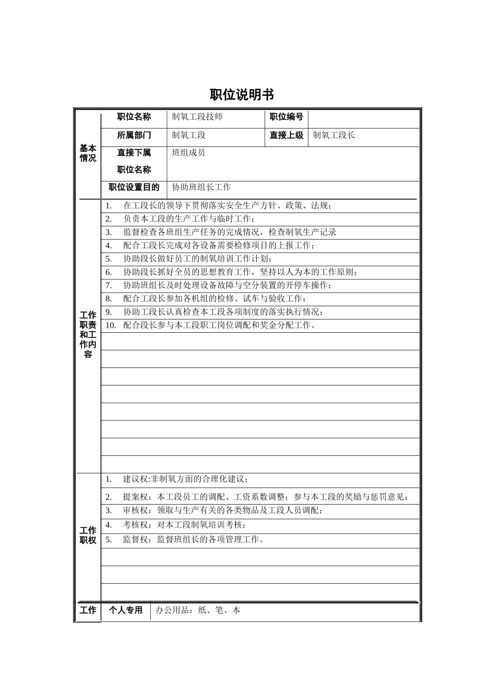 制氧工段技师职位说明书_第1页