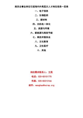 南京市企事业单位中高级人才需求信息表