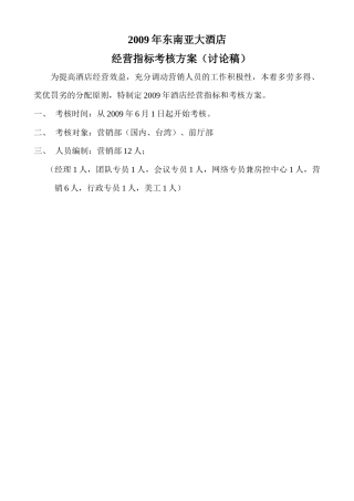人力资源-09年某四星酒店经营指标考核方案