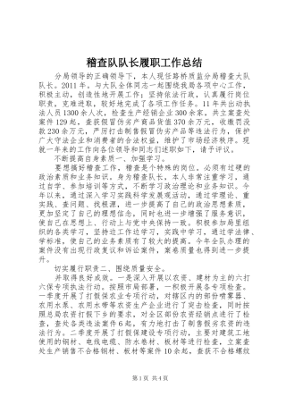 稽查队队长履职工作总结