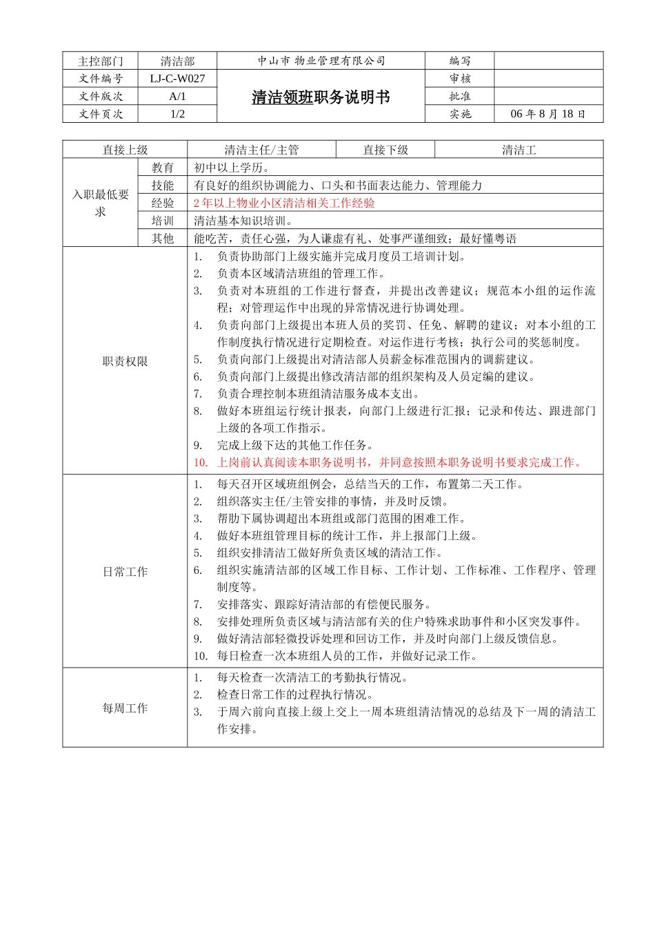 人力资源-LJ-C-W027清洁领班职务说明书（A1版080130）_第1页