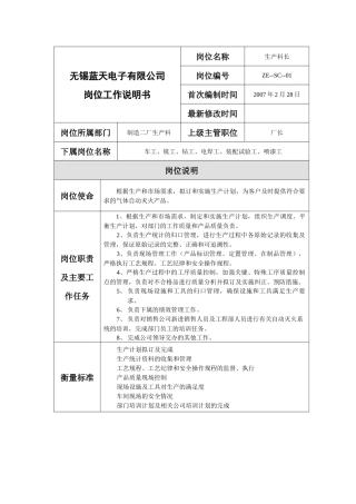 制造二厂生产科岗位工作说明书