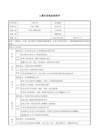 人事专员职务说明书