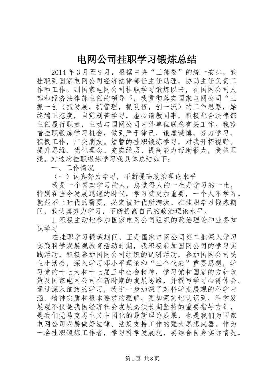 电网公司挂职学习锻炼总结_第1页