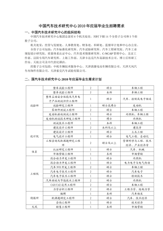 中国汽车技术研究中心XXXX年应届毕业生招聘需求8077873138