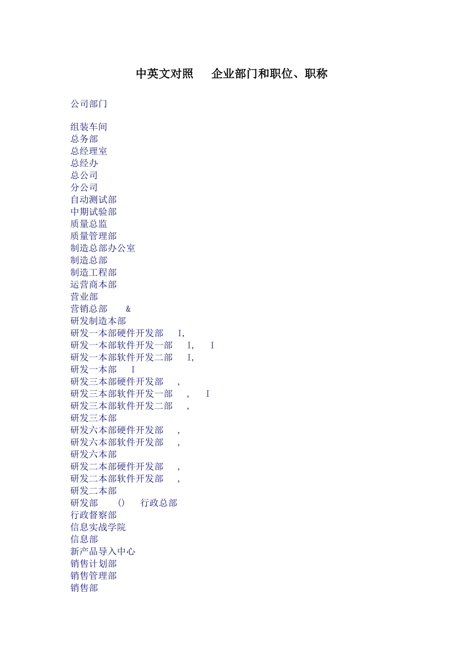 企业部门和职位、职称(中英文对照)）_第1页