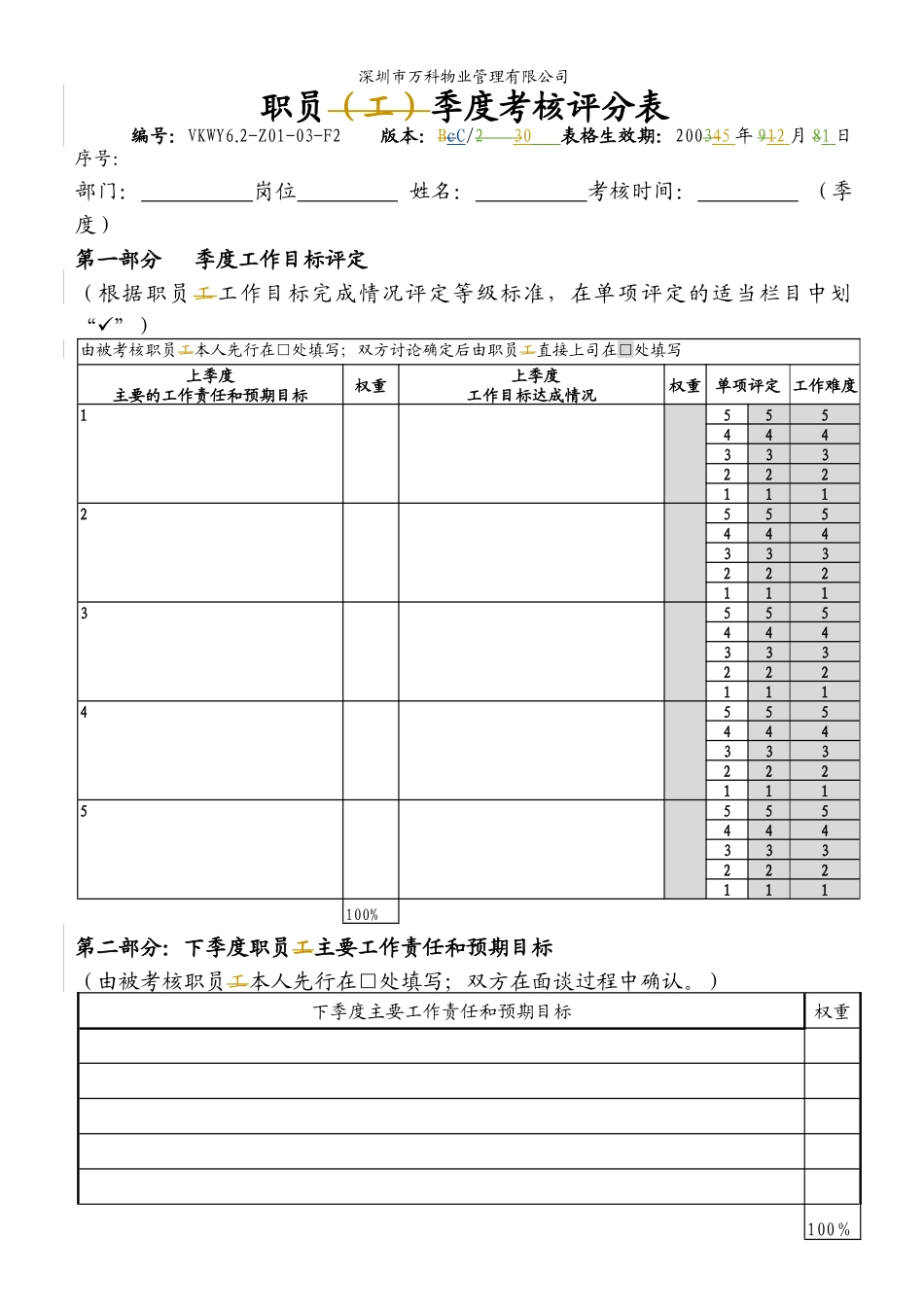 人力资源-6.2-Z01-03-F2 职员季度考核评分表_第1页