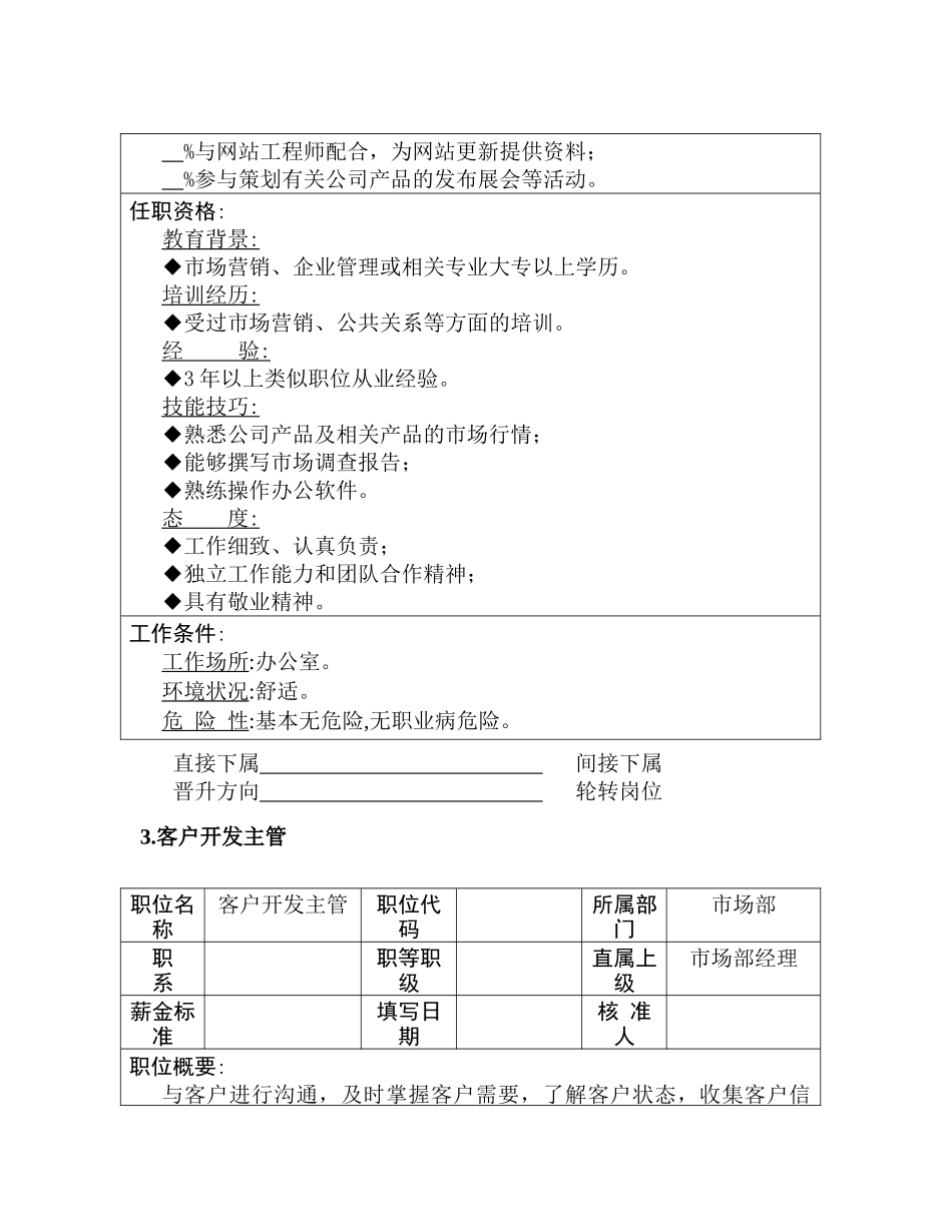 企业市场营销部岗位职责说明书_第3页