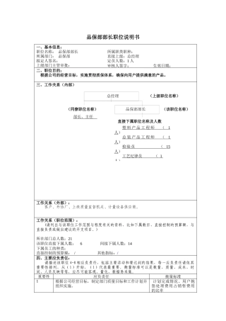 品保部主管岗位说明书