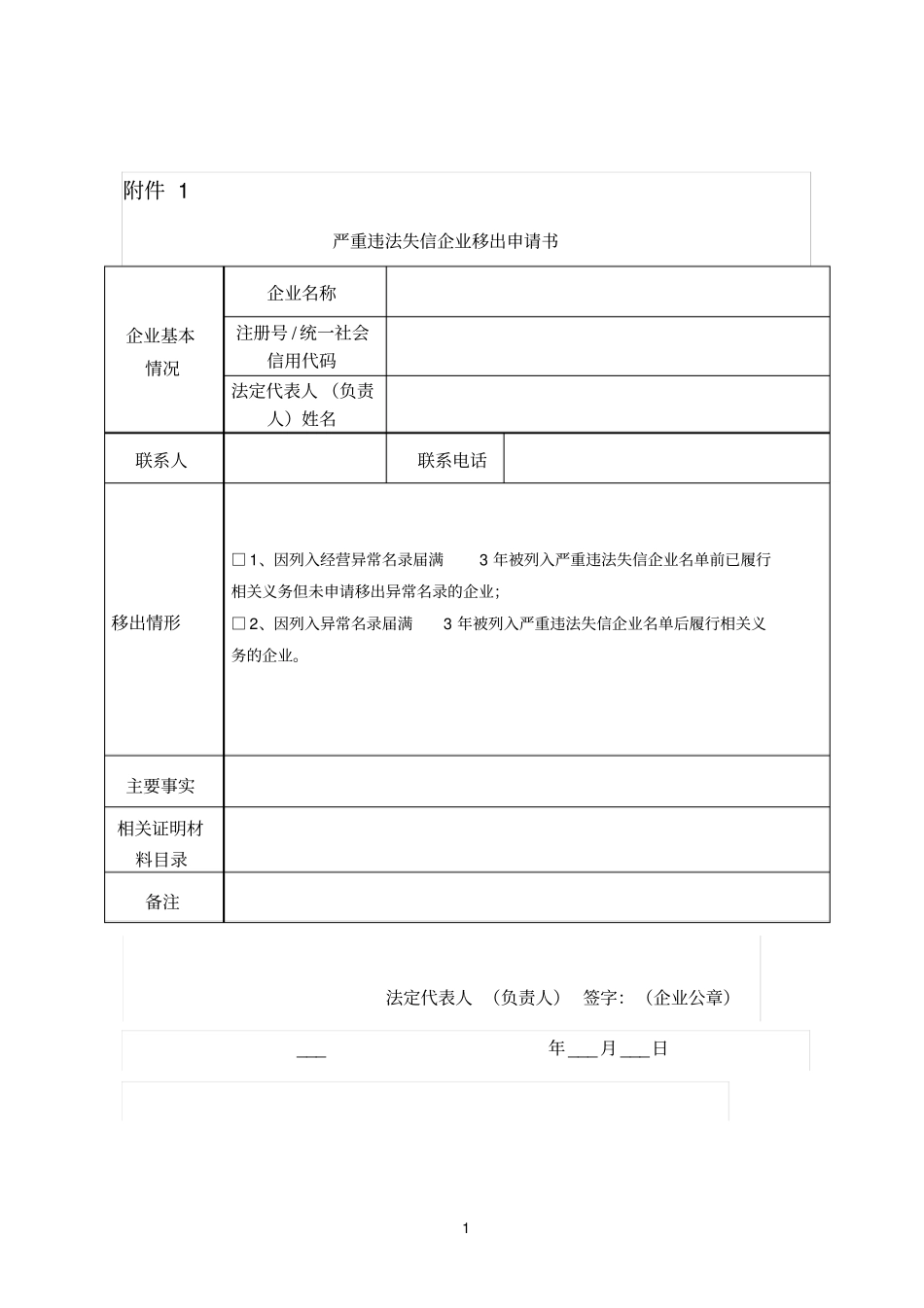 严重违法失信企业移出申请书、核查审批表、受理通知书、承诺书_第1页