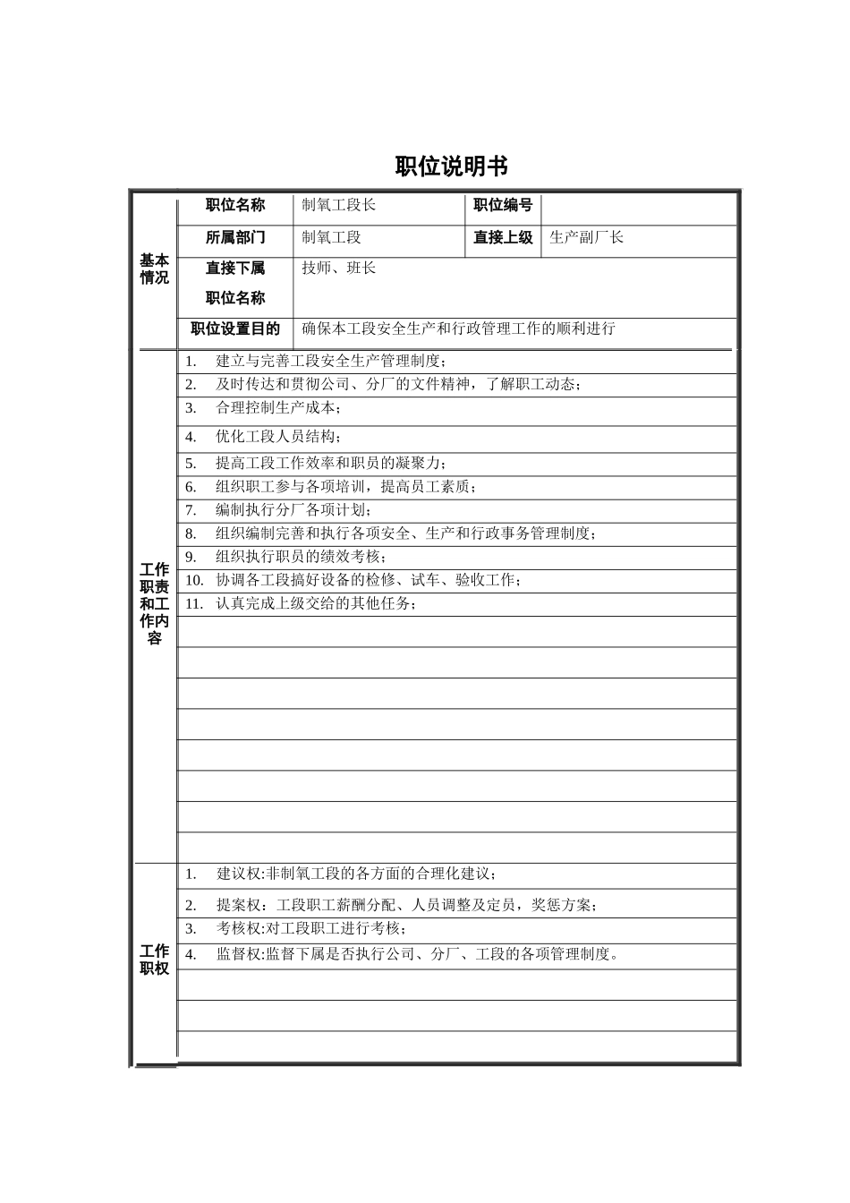 制氧工段长职位说明书_第1页