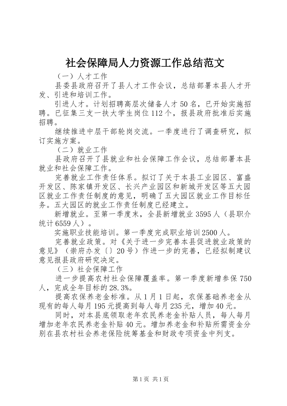 社会保障局人力资源工作总结范文_第1页