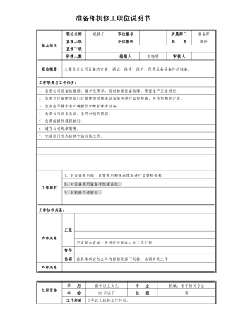 准备部机修工职位说明书