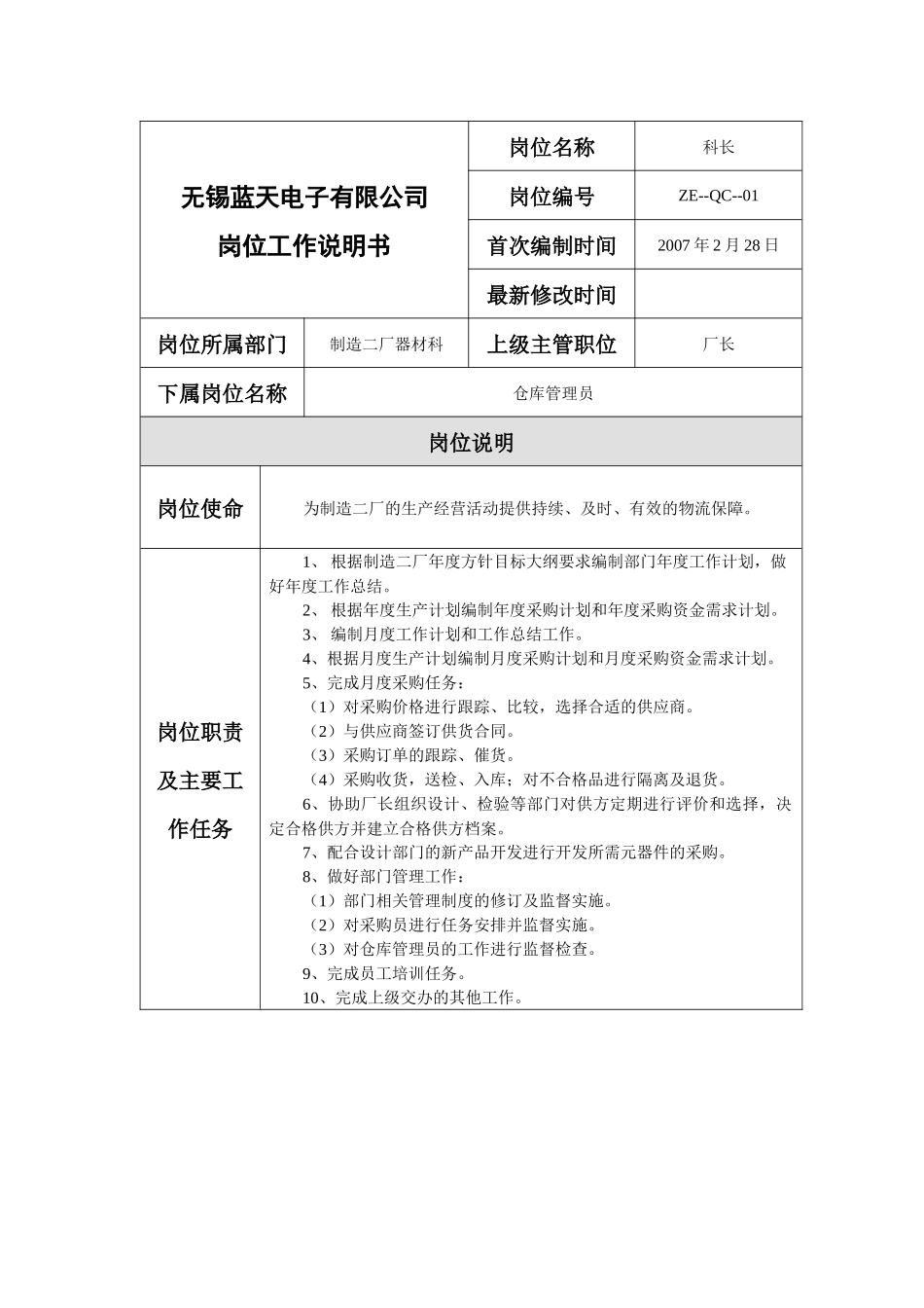 器材科岗位说明书_第1页