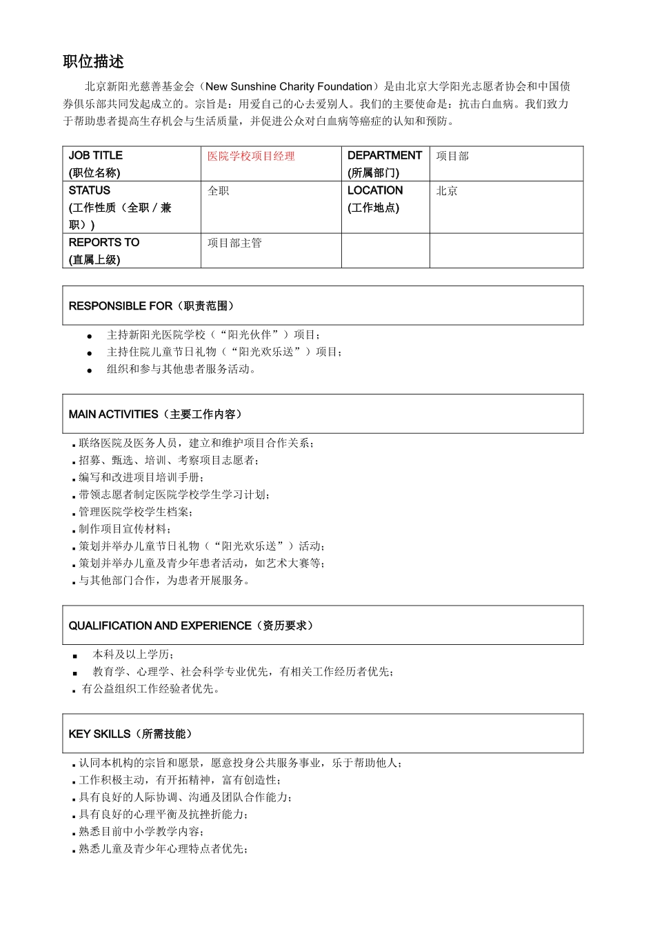 医院学校项目经理-北京新阳光慈善基金会招聘样本_第1页