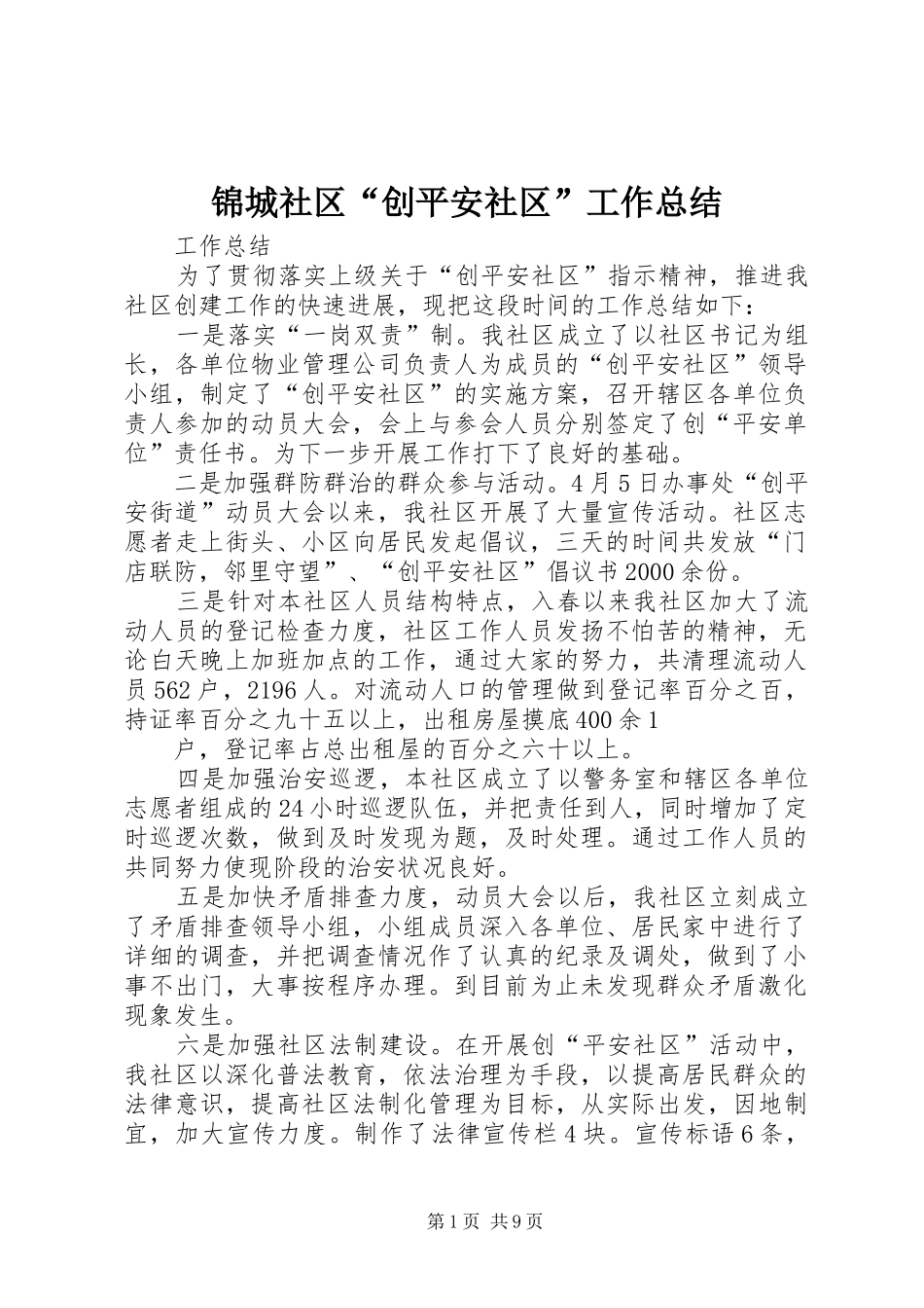 锦城社区“创平安社区”工作总结_第1页